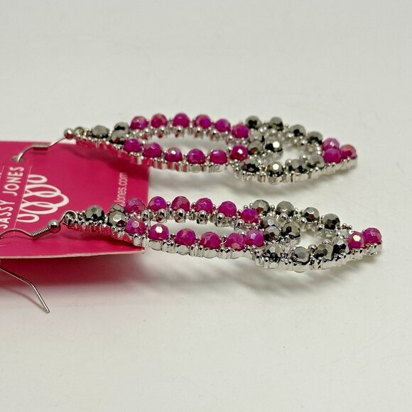 Sassy Jones Malia Glass Dangle Pink Rhinestone Silver Tone Hook Drop Earrings - Picture 3 of 6